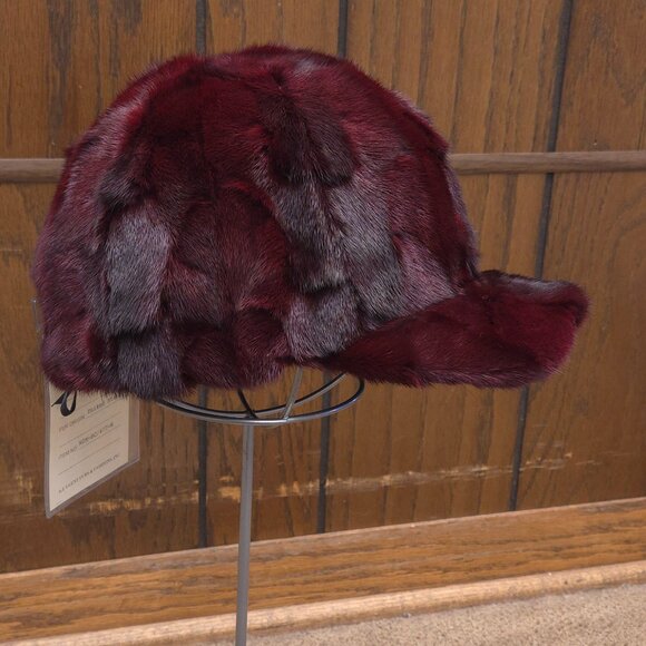 Burgundy dyed Diamond Cut Mink Sections Baseball Cap - A.J.  Burgundy dyed Diamond Cut Mink Sections Baseball Cap